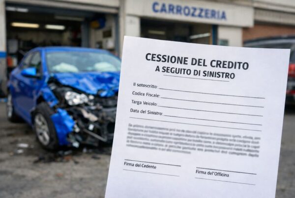 Documento di cessione del credito a seguito di sinistro con auto incidentata davanti a una carrozzeria